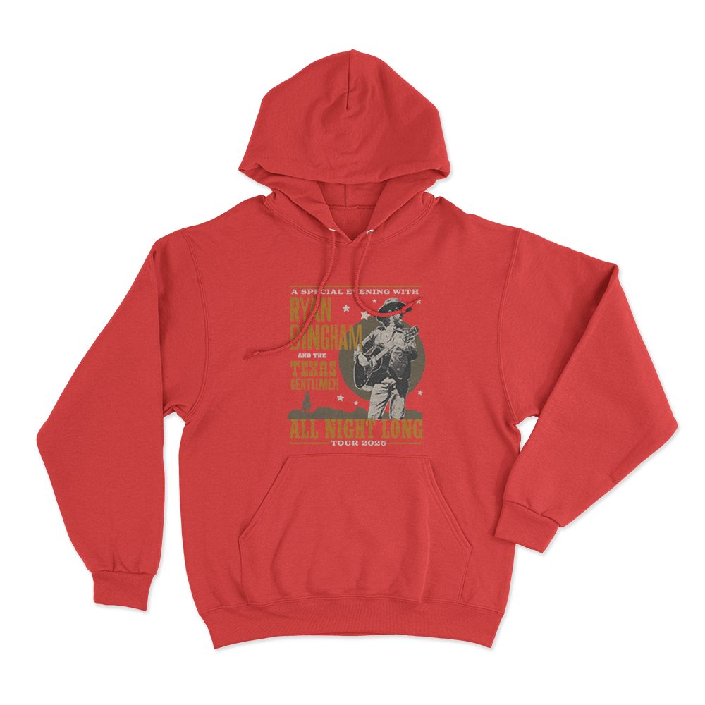 Ryan Bingham 2025 All Night Tour Unisex Hoodie Red Ryan Bingham 2025 All Night Tour Unisex Hoodie Red