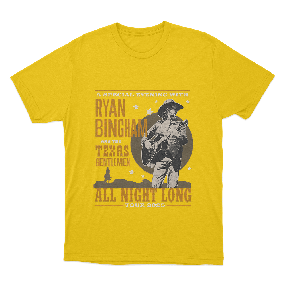 Ryan Bingham 2025 All Night Tour Unisex T Shirt Yellow Ryan Bingham 2025 All Night Tour Unisex T Shirt Yellow